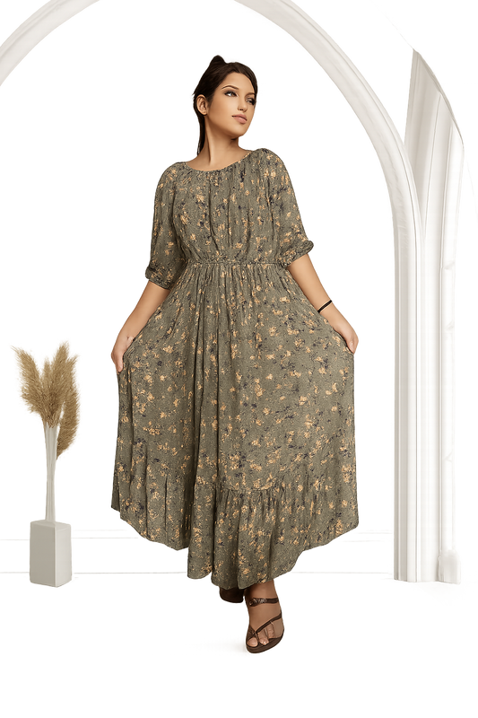 Women's Elegant Long Sleeve Maxi Dress – Leaf Pattern, Fitted Waist,