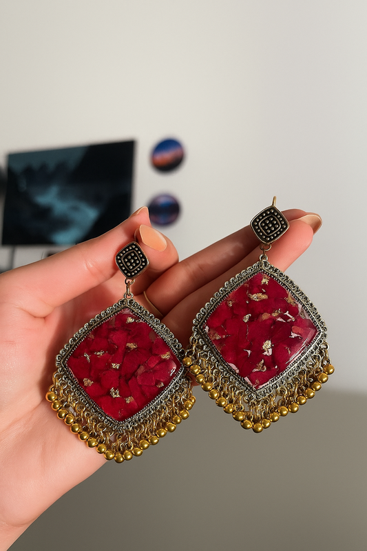 Bohemian Gold and Red Floral Resin Earrings with Chandelier Tassels
