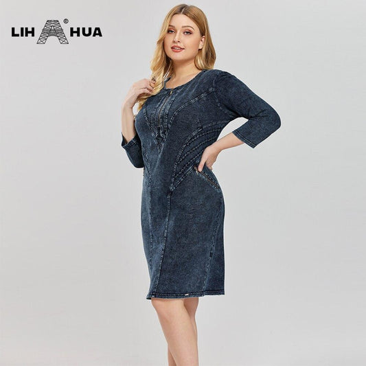 Women's Plus Size Fashion Denim Dress High Flexibility Slim Fit Dress