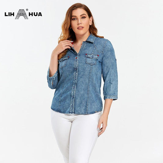 Women's Plus Size Denim Tops Shirt Spring Slim Fit Shirt Casual Shirt
