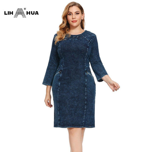 Women's Plus Size Autumn Casual Denim Dress Cotton Knitted Denim High