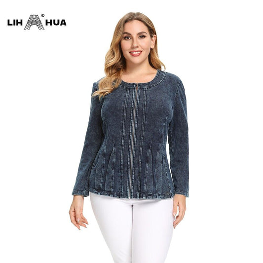 Women's Plus Size Autumn Casual Denim Jacket High Flexibility Cotton