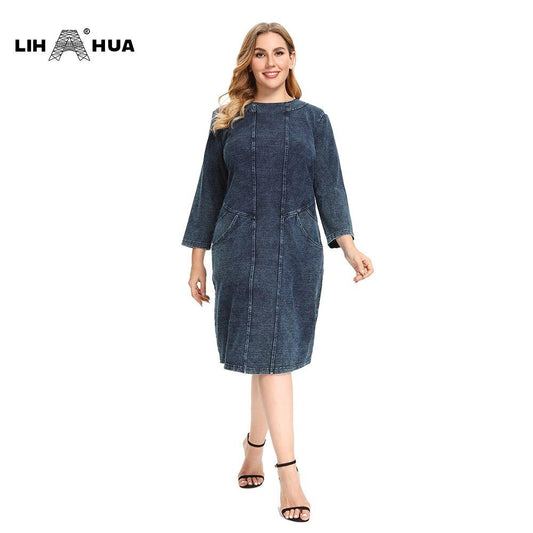 Women's Plus Size Denim Dress Elasticity  Knitted Denim Dresses Slim