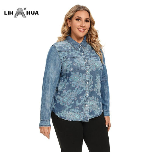 Women's Blouses Plus Size Cotton Woven Denim Shirt Button Up Long
