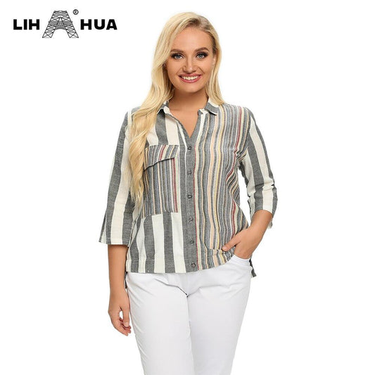 Women's Plus Size Spring Cotton Striped Shirt With Pockets And Button