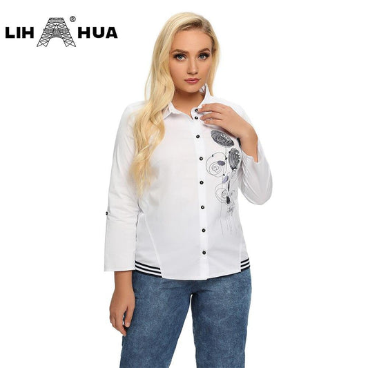 Women's Plus Size Spring Shirt With Elastic Printing And Beaded Lapel
