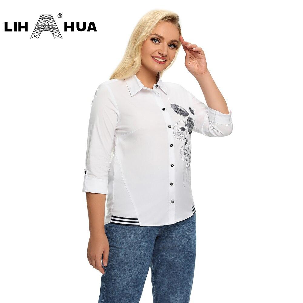 Women's Plus Size Spring Shirt With Elastic Printing And Beaded Lapel