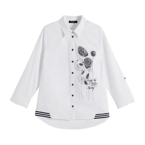 Women's Plus Size Spring Shirt With Elastic Printing And Beaded Lapel