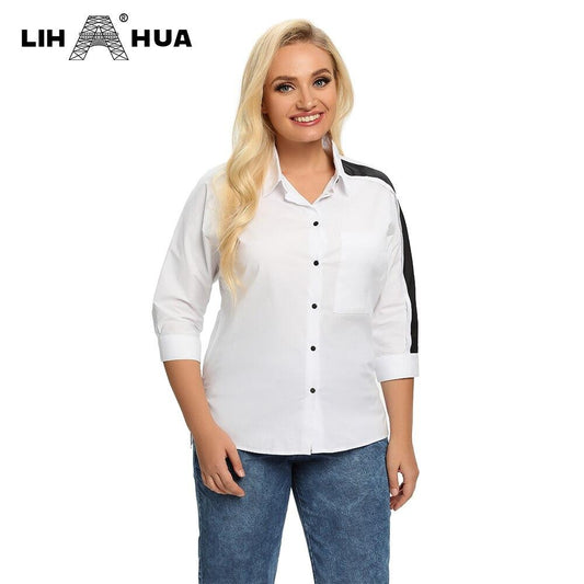 Women's Plus Size Spring Shirt With Elastic Lapel Tie Buttons Casual