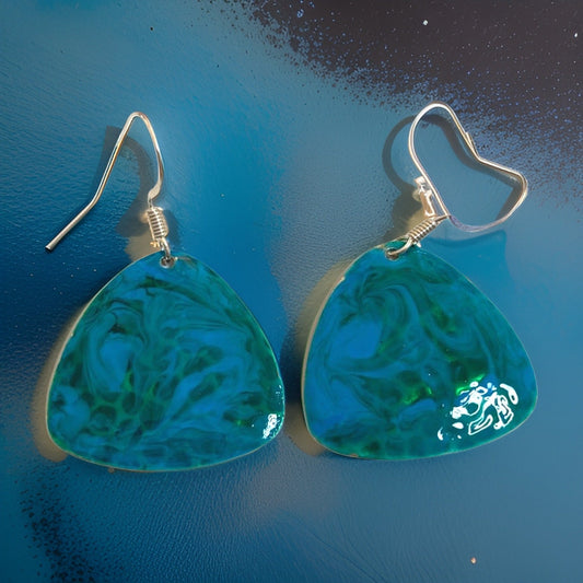 Blue & Green Hand Painted Marbleized Guitar Pick Earrings