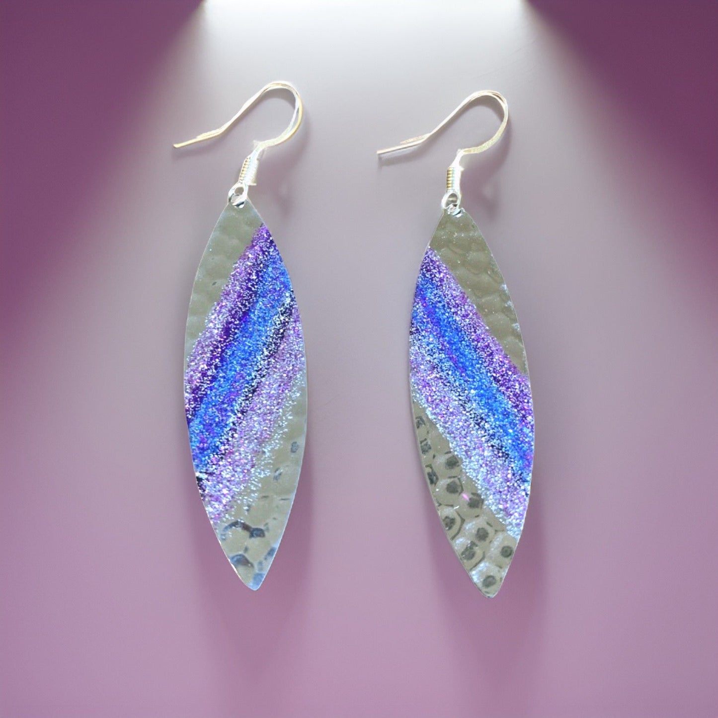 Art Deco Hand Painted Purple & Blue Navette Earrings
